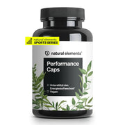 Eine schwarze Flasche mit der Aufschrift „Performance Caps Kapseln“ von NATURAL ELEMENTS ziert ein grünes Blatt und ein gelbes „Sports Series“-Etikett. Die veganen, mit Koffein angereicherten Kapseln unterstützen den Stoffwechsel und sind mit B-Vitaminen angereichert.