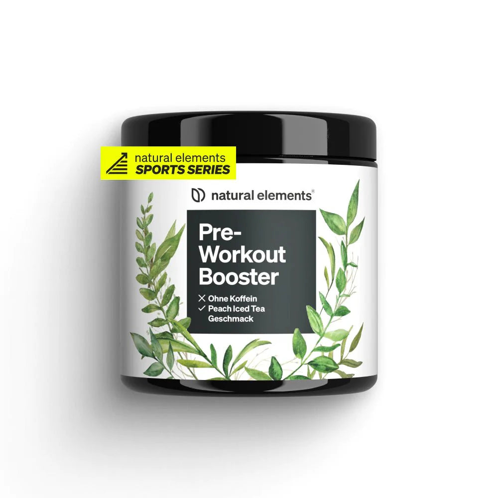 Eine Dose NATURAL ELEMENTS Pre-Workout Booster ohne Koffein, mit Pfirsich-Eistee-Geschmack und grünem Blätter-Design. Er ist Teil der Sports Series und wurde entwickelt, um Ihr Training ohne Koffein zu unterstützen.