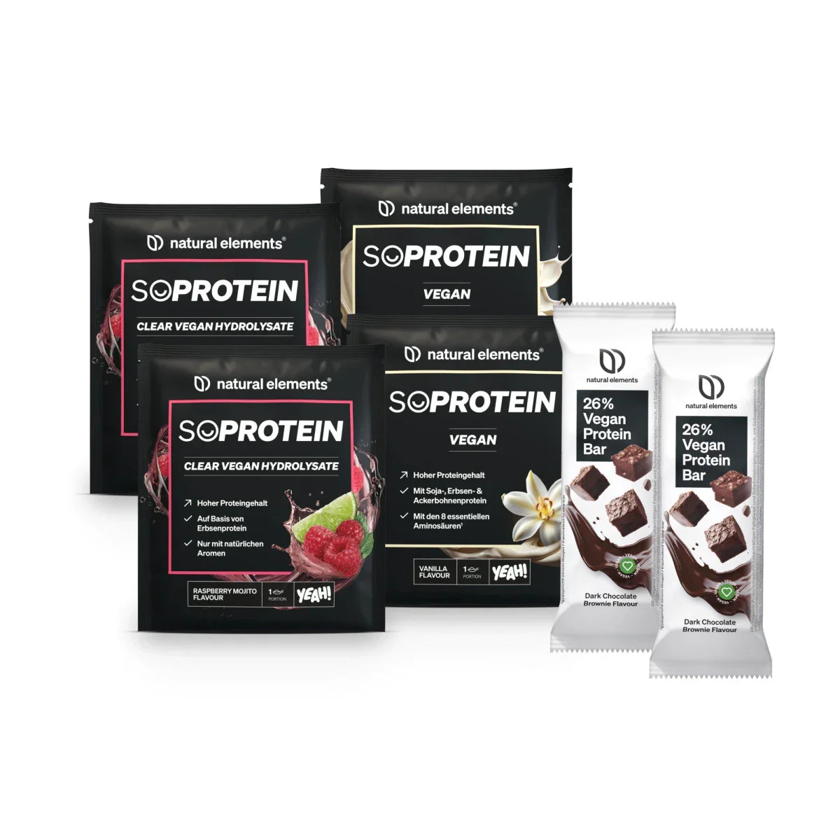 Päckchen und Riegel von NATURAL ELEMENTS Probierset VEGAN mit den Geschmacksrichtungen Schokolade und Himbeere.