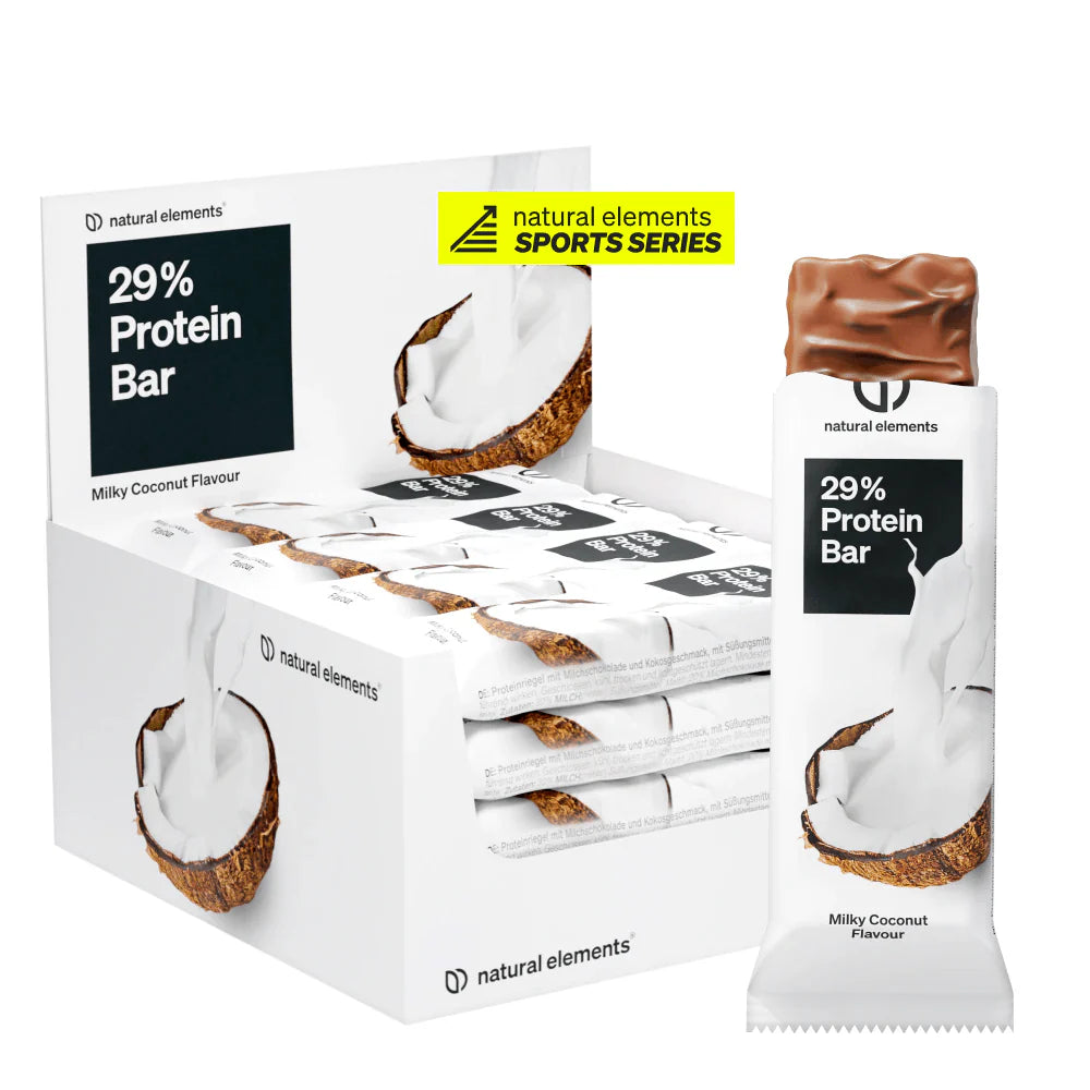 Schachtel und Einzelverpackung von NATURAL ELEMENTS Protein Riegel, Milky Coconut Flavour, mit Kokosnuss- und Milchsplash-Motiven auf weißer Verpackung.