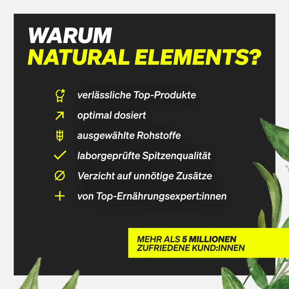 Infografik mit dem Titel "WARUM PROTEIN RIEGEL VON NATURAL ELEMENTS?" und sechs Vorteilen; unten gelber Kasten: Hinweis auf über 5 Millionen zufriedene Kund:innen.