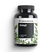 Schwarze Flasche mit der Aufschrift „Shilajit Kapseln“ von NATURAL ELEMENTS, enthält 120 vegane Kapseln. Blattmotive auf weißem Hintergrund.