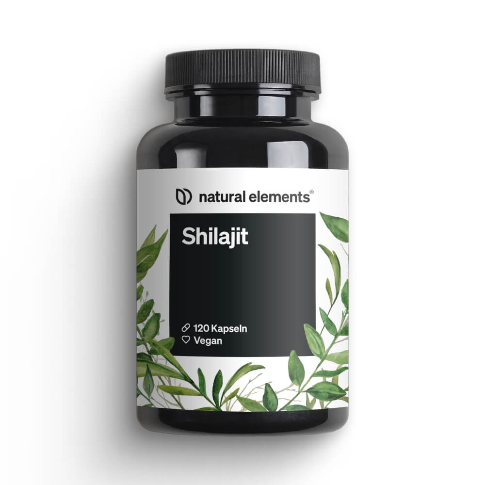 Schwarze Flasche mit der Aufschrift „Shilajit Kapseln“ von NATURAL ELEMENTS, enthält 120 vegane Kapseln. Blattmotive auf weißem Hintergrund.
