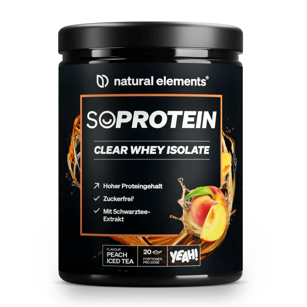 Ein schwarzer Behälter mit NATURAL ELEMENTS SoProtein Clear Whey Isolate, Pfirsich-Eistee-Geschmack, mit Produktvorteilen und Abbildungen von Pfirsichen und Tee auf dem Etikett.