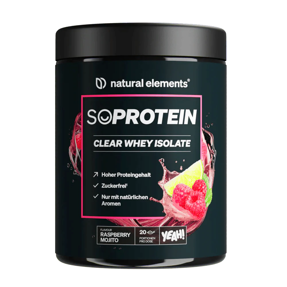 Ein schwarzer Behälter mit NATURAL ELEMENTS SoProtein Clear Whey Isolate in der Geschmacksrichtung Himbeer-Mojito, mit Himbeeren und Limette auf dem Etikett.