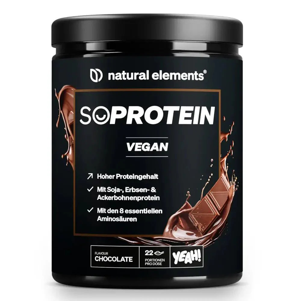 NATURAL ELEMENTS SoProtein Vegan Pulver, Schokoladengeschmack, mit hohem Proteingehalt aus Soja-, Erbsen- und Ackerbohnenproteinen sowie 8 essentiellen Aminosäuren.