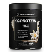 Ein schwarzer Behälter mit NATURAL ELEMENTS SoProtein Vegan Pulver, Vanillegeschmack, zeigt Produktdetails und ein Vanilleblumenbild auf dem Etikett.