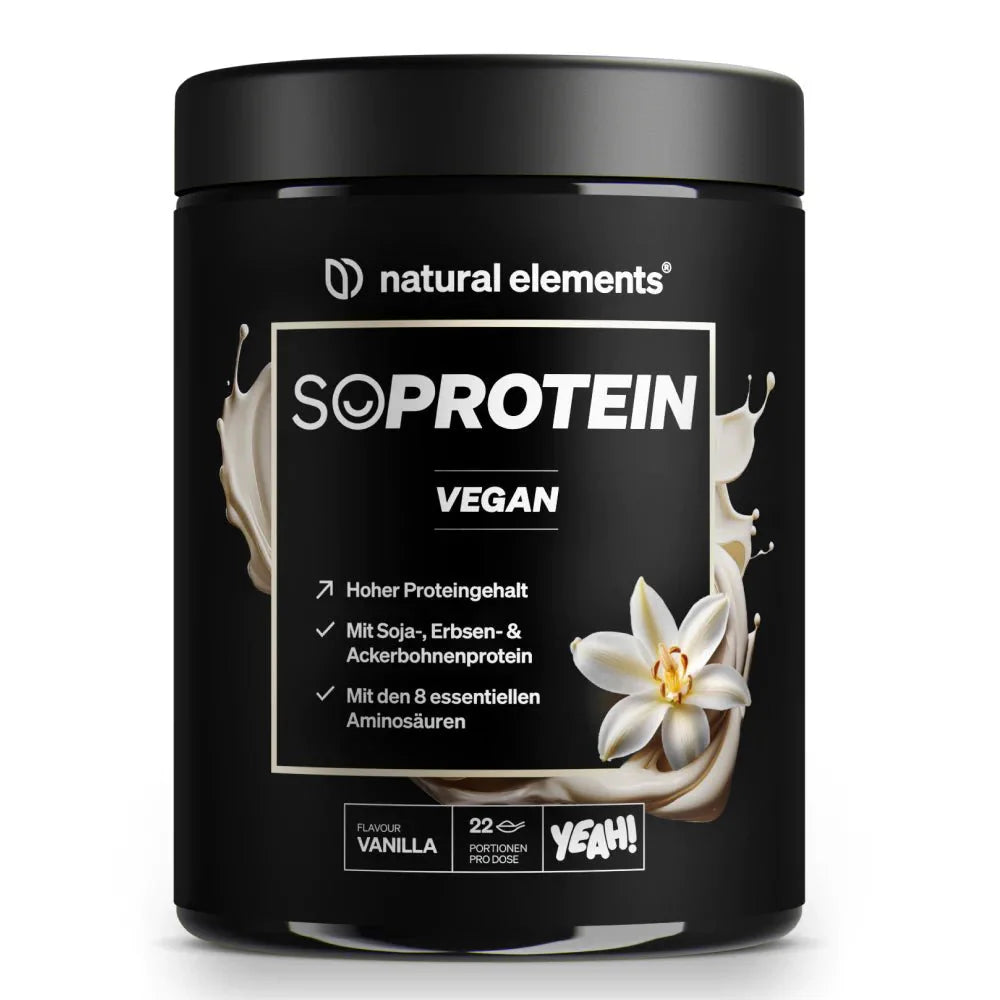 Ein schwarzer Behälter mit NATURAL ELEMENTS SoProtein Vegan Pulver, Vanillegeschmack, zeigt Produktdetails und ein Vanilleblumenbild auf dem Etikett.