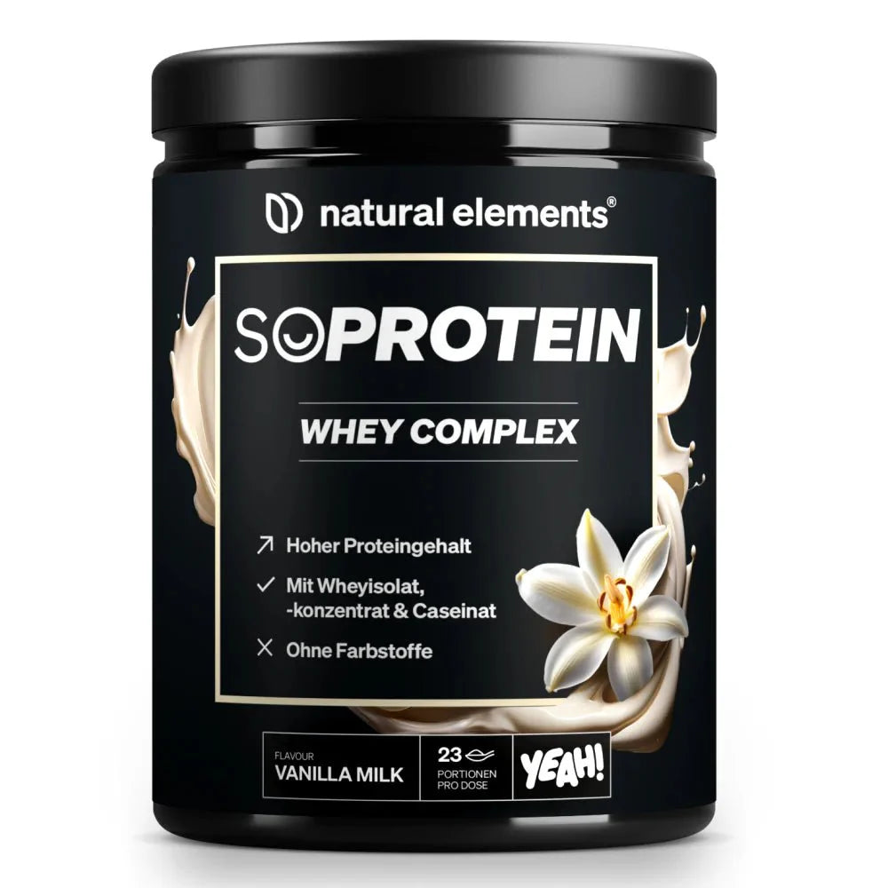 NATURAL ELEMENTS SoProtein Whey Complex, Vanille-Milch-Geschmack, mit hohem Proteingehalt aus Molkenisolat und Casein, ohne künstliche Farbstoffe.