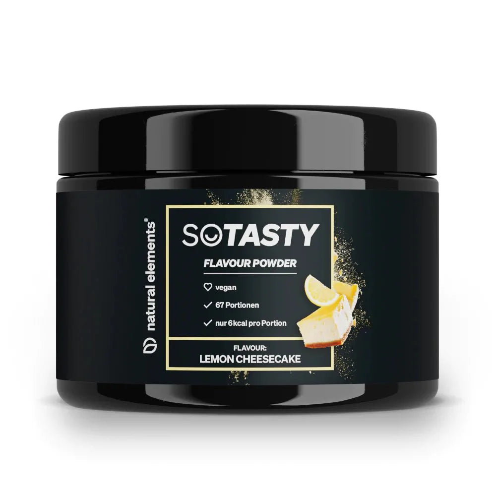 Eine schwarze Dose NATURAL ELEMENTS SoTasty Geschmackspulver in der Geschmacksrichtung Lemon Cheesecake, vegan, mit 67 Portionen und 6 kcal pro Portion.