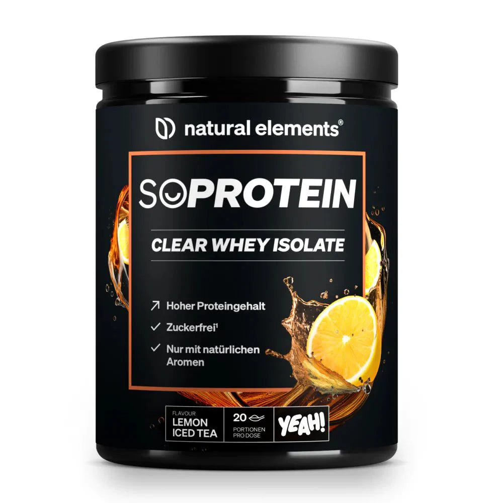Ein schwarzer Behälter mit NATURAL ELEMENTS SoProtein Clear Whey Isolate, Geschmacksrichtung Zitronen-Eistee, mit Abbildungen von Zitronenscheiben und Eisteespritzern auf dem Etikett.