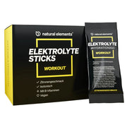 Eine Schachtel und ein Tütchen NATURAL ELEMENTS Elektrolyte Sticks Workout, Zitronengeschmack, isotonisch, mit B-Vitaminen, vegan.