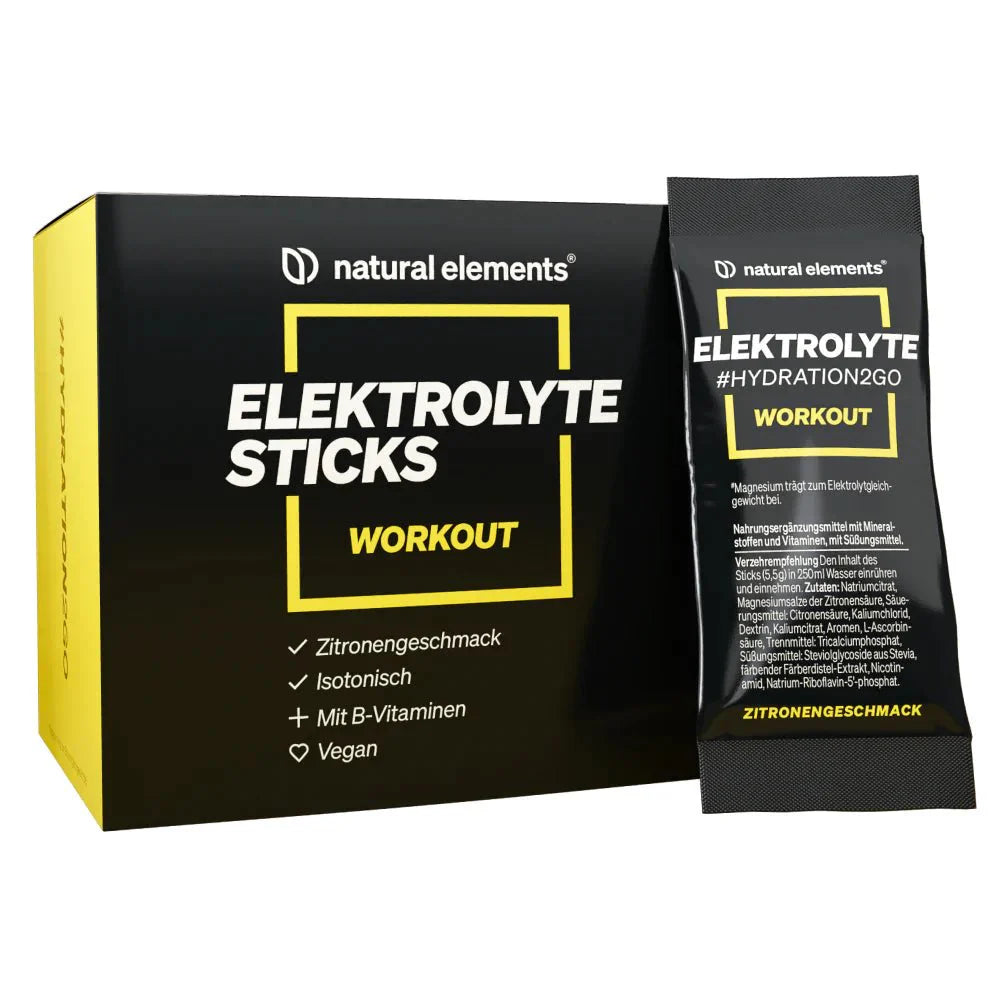 Eine Schachtel und ein Tütchen NATURAL ELEMENTS Elektrolyte Sticks Workout, Zitronengeschmack, isotonisch, mit B-Vitaminen, vegan.